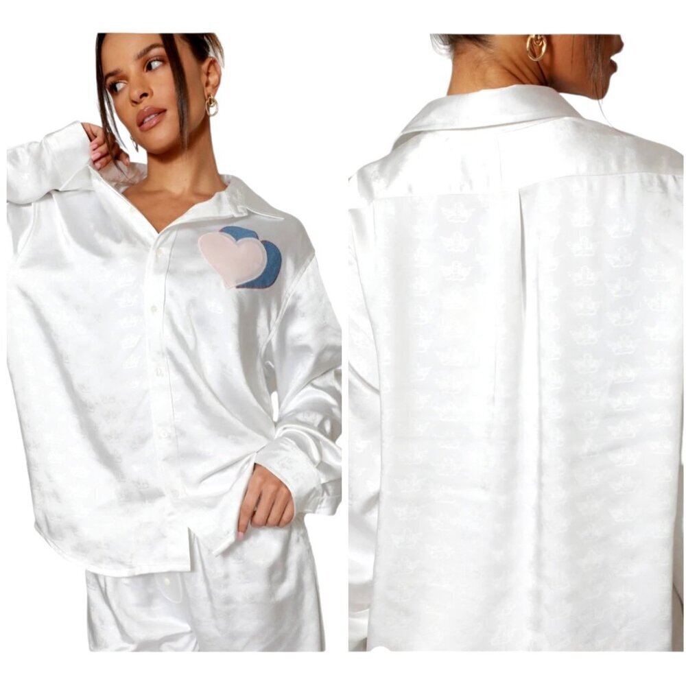 Boys Lie Shirt Women Medium White Satin Collared Button Down Bridezilla Top NWOT